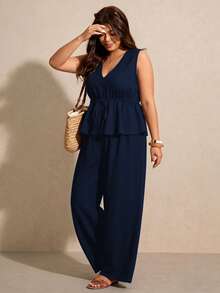 Elaquor Plus Size Women Solid Color V-Neck Pleated Top And Pants Casual Daily 2-Piece Set - Navy Blue - View 5