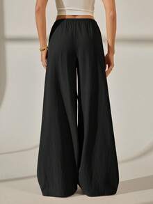 SHEIN Tall 女款純色抽繩腰休閒百搭日常穿著寬腿長褲 - 黑色 - 查看 2