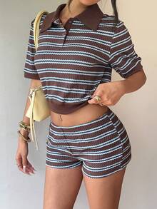 Aloruh Camiseta corta para mujer de estilo casual joven y atrevido, con cuello polo, ajustada en la parte superior, cintura suelta y bajo ceñido, color marrón con rayas azules - Multicolor - Ver 5