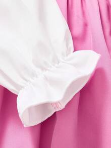 SHEIN 少女花卉圖案拼接荷葉領長袖洋裝，校服/教堂禮拜裙，返校季 - 粉色 - 查看 6