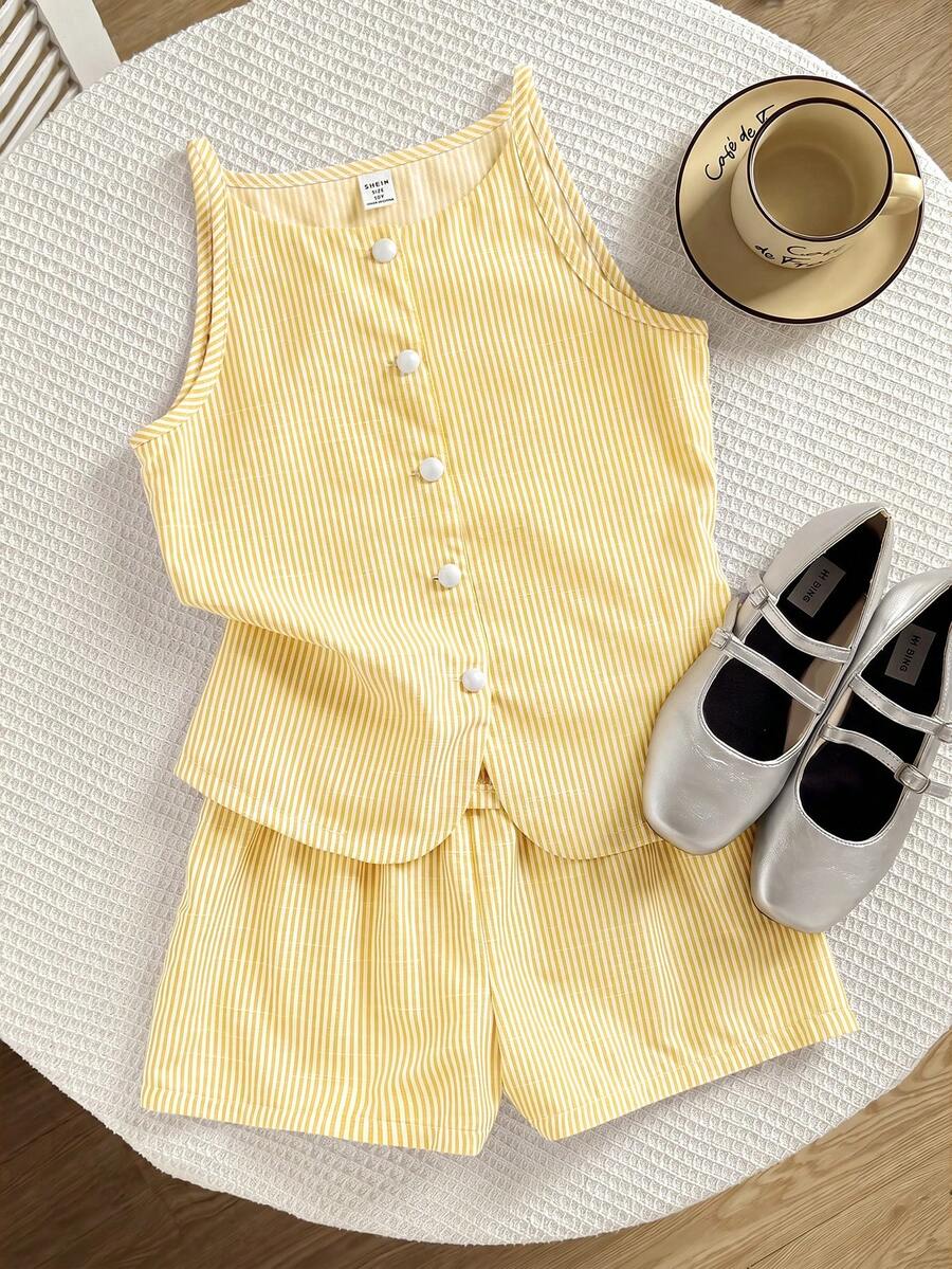 SHEIN Setelan 2 Potong Atasan Tank Top dan Celana Pendek Bergaris Biru dan Putih untuk Anak Perempuan Remaja - Kuning - View 1