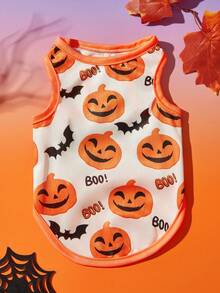 2pcs Pet Cat Dog Universal Halloween Orange Pumpkin Funny Expression Pattern Print Fashionable Breathable Comfortable Dog Vest, PETSIN Original Design - Multicolor - View 7