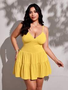 Viva Relle Plus Size Casual Solid Color Sleeveless Dress, Summer - Yellow - View 6