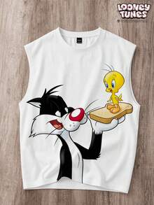 LOONEY TUNES X SHEIN Manfinity Joysei Men's Cartoon Print Round Neck Tank Top - White - View 5