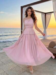 Modelyn Women's One-Shoulder Asymmetric Neckline Ruffle Strap Top And High-Waisted Draped Skorts Set Wedding Formal Christening Pink Summer Romantic Elegant - Pink - View 5