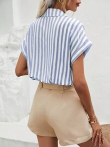 SHEIN Frenchy 女款 52% 棉藍白條紋蝙蝠袖短袖上衣－優雅度假風上衣 - 藍白色 - 查看 3