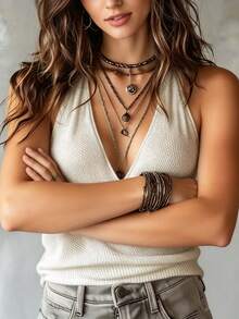 EMERY ROSE Top de punto con cuello halter y escote en V superpuesto de color liso para mujer - Albaricoque - Ver 5