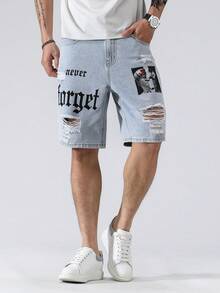 Manfinity Roughcore Men's Plus Size Letter Print Distressed Denim Shorts - Light Wash - View 6