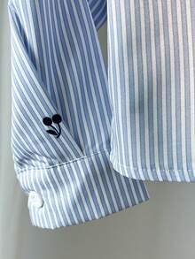 Conjunto Casual de Camisa de Manga Longa com Estampa de Cereja e Listras e Shorts para Menina Jovem, Outono - Azul e Branco - Visão 8