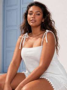 ELLERISSA Plus Size 2pc Set For Women White Blouse And Shorts Set,Casual Linen Look Silky Summer Beach Holiday 2 Piece Set,Vacation Two Pieces Shorts - White - View 6