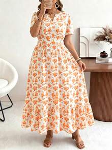 Ceyna Vestido elegante casual holgado de talla grande para mujer con cuello en V pequeño, manga corta y tela texturizada con falda completa, vestido de invitada de boda, vestido bohemio extra largo de primavera, ropa de verano para mujer, vestido de vacaciones/Vestido nuevo de verano 2026 de largo medio/Vestido de verano con estampado floral pequeño - Amarillo - Ver 4