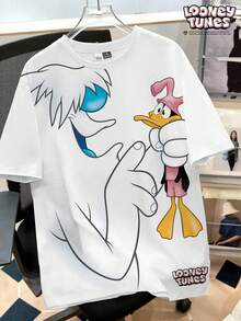 LOONEY TUNES X SHEIN Daypath 男士卡通印花圓領短袖休閒T恤 - 白色 - 查看 1