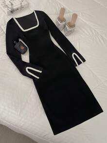 Franclia Women's French Style Faux Pearl Decorated Satin Dress For Evening Party And Date - Black - View 3