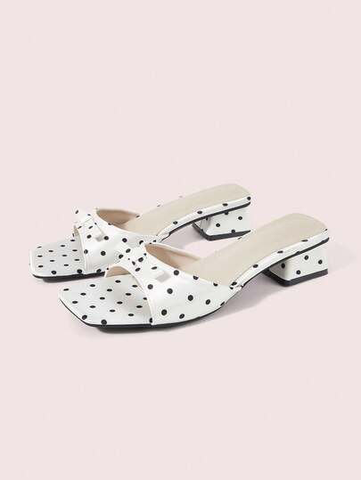 CUCCOO DOLLMOD Women's Shoes, Polka Dot Thick Heel, Beige, Square Bow Sandals, Casual And Comfortable One-Word Slippers In Summer