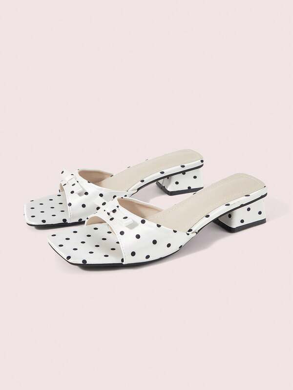 CUCCOO DOLLMOD Women's Shoes, Polka Dot Thick Heel, Beige, Square Bow Sandals, Casual And Comfortable One-Word Slippers In Summer