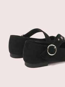 CUCCOO DOLLMOD Sepatu Mary Jane Ujung Bulat dengan Kancing Bordir Bintang, Sepatu Flat Hak Rendah Suede Hitam Gaya Retro Sastra - Hitam - View 6