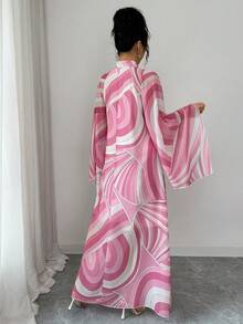 Rafferiza 女款阿拉伯風紗麗印花雪紡長裙，幾何水波紋圖案，粉色與白色，寬鬆立領喇叭袖，大碼波西米亞度假秋季款 - 粉色 - 查看 3