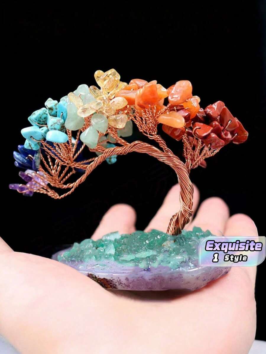 1pc Natural 7 Chakra Crystal Tree – Healing Gemstone Bonsai With Agate Base, Feng Shui Money Tree For Home Office Decor, Wealth Luck Gift For Birthday Graduation - multicolor - View 1