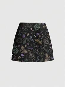 ROMWE Goth 深色嬉皮風月亮太陽星星蝴蝶蛾神秘森林印花性感開衩超短迷你裙女款 - 黑色 - 查看 2
