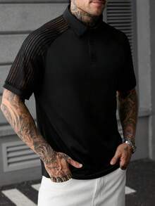 Manfinity CasualCool 男士極簡風半開襟鈕扣蕾絲拼接透視短袖 Polo 衫 - 黑色 - 查看 5