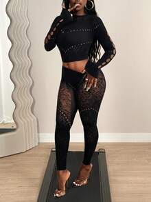 BamGleam Women's Hollow-Out Sheer Tight-Fitting 2 Pieces Set Night Out Club Black Summer Y2k Sexy - Black - View 2