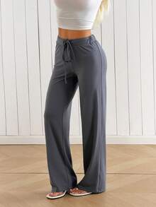 SHEIN EZwear 女款純色抽繩腰休閒百搭日常穿著長褲居家灰色秋季 - 深灰色 - 查看 5