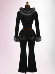 Amplova Women's Drawstring Waist Colorblock Casual Versatile Daily Flare Pants - Black - View 9