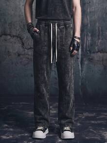 Vyqestra Men's Solid Color Casual Sweatpants Black Washed Pants Men Joggers Denim Acid Wash Vintage Cotton - Black - View 4