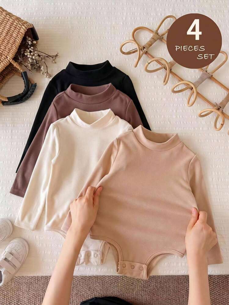 SHEIN 女嬰針織純色立領休閒連身衣 4 件套 - 彩色 - 查看 5