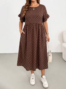 Shapeblank Plus Size Women's Polka Dot Round Neck Casual Daily Wear Dress - Multicolor - View 3