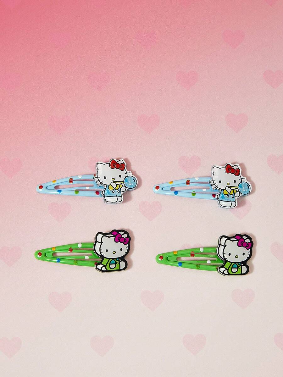 HELLO KITTY AND FRIENDS | SHEIN 2件組可愛藍綠色小貓波點印花BB夾水滴髮夾 - 彩色 - 查看 1