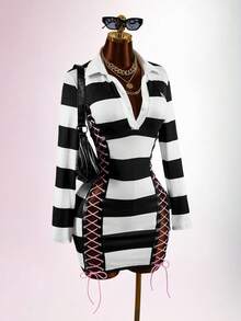 Amplova POLO Collar Pony Logo Split Tie Design Back To School Street Style Women's Mini Vintage Dress - Black and White - View 3