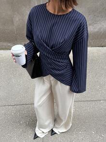 Siren Gaze Fall Women's Blue And White Striped Crew Neck Drop Shoulder Long Sleeve Blouse Unique Wrap Front Design Smart Casual Elegant Business Brunch Office - Brown - View 2
