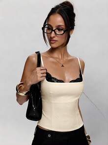SHEIN BAE Women's Summer Elegant Colorblock Lace Patchwork Camisole Top - Apricot - View 6