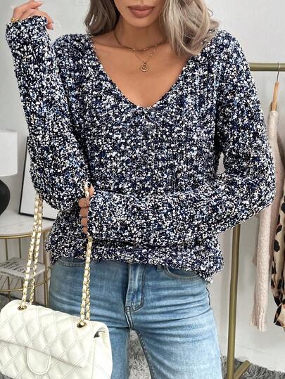 Easowa Suéter de punto para mujer con cuello en V, pompones de colores, tela texturizada, estilo casual para ir al trabajo, elegante, ropa de calle, otoño/invierno