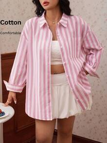 CovetEZ Spring/Summer New Pink Striped Casual 90s Business Plus Size Shirt With Pockets Graduation Back-To-School Date Night Office - Multicolor - View 5