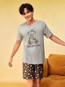 SHEIN Men's Bear & Star Print Crew Neck Loungewear/Casual Set - Light Grey - View 4