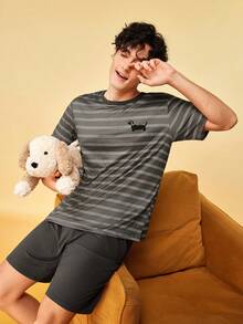 SHEIN Men's Summer Short Sleeve Casual Daily Wear Striped Loungewear Set - Dark Green - View 4