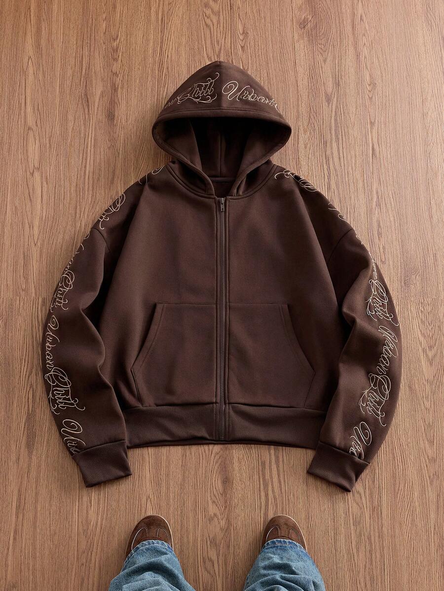 SWAVVY Hoodie Lengan Panjang Rajut Pria Model Kasual Longgar dengan Bordir Inggris - Coklat - View 1