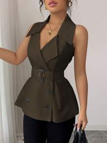 Selianne Women's Spring/Summer French Style Elegant Business Casual Sexy Commute Teachers' Day Lapel Collar Button Waist Belt Blouse Office Work Olive Green - Brown - View 3