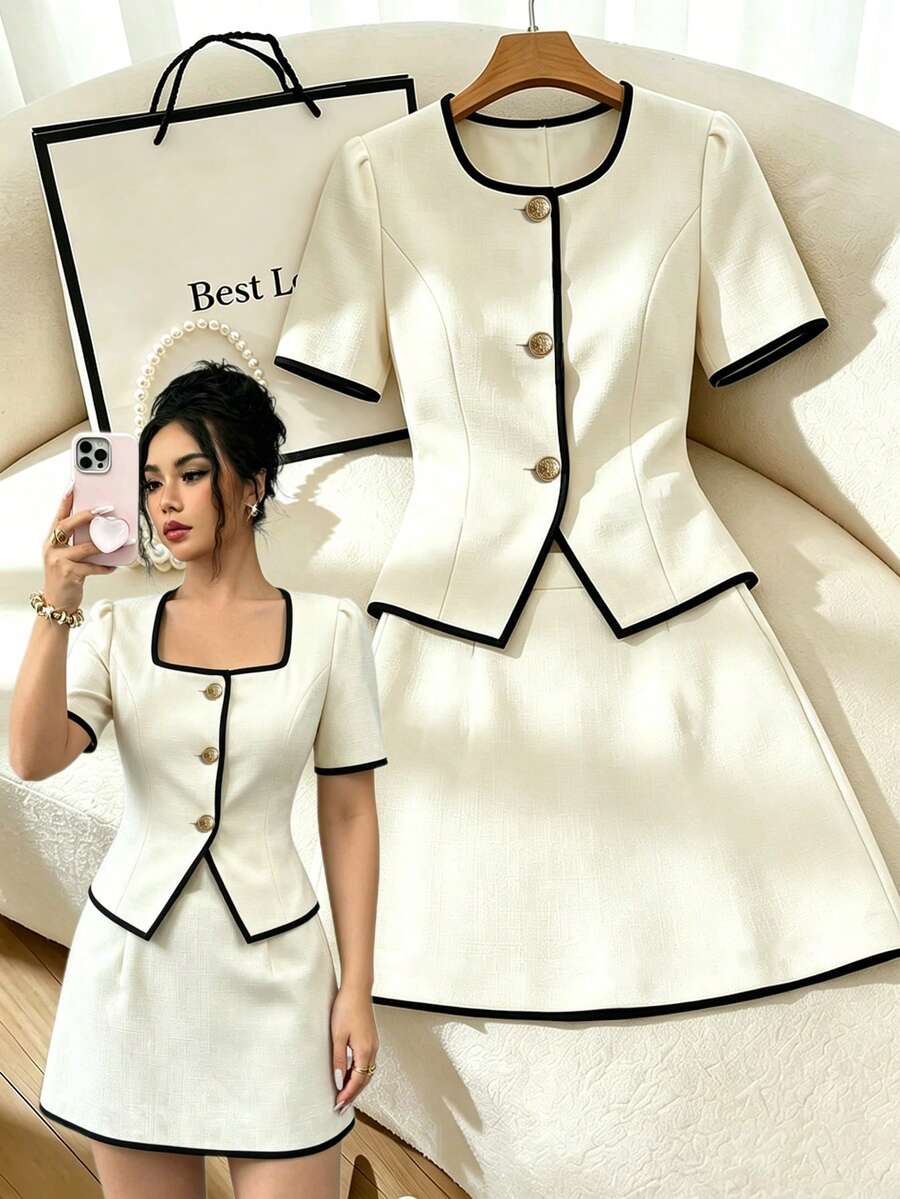 Fine & Folde Conjunto de 2 piezas para mujer: camisa de botones con diseño de bloques de color, cintura definida y estilo elegante maduro + falda mini línea A, de tejido de moda, para uso diario y citas - Beis - Ver 1