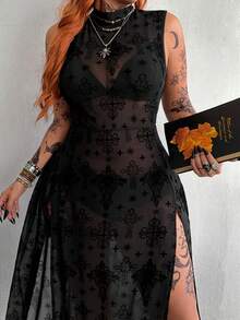 Whyspr Dunkles transparentes Mesh-Kleid mit Flockprint und Kreuzschlitz - Schwarz - Übersicht 4