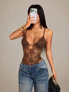 SHEIN PETITE 女款性感時尚蕾絲拼接透視連身衣 - 棕色 - 查看 6