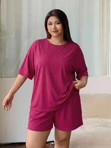 Dazy Plus Solid Color Knit Round Neck Top And Shorts Loungewear Pajama Set - Hot Pink - View 7