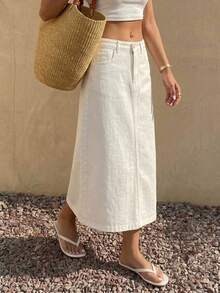 DAZY Solid Color Slit Pocket Women Straight Long Casual Denim Skirt Jeans Skirt - White - View 11
