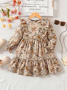 Emery Rose Kids Emery Rose Kids 女童格紋寬鬆可愛休閒燈芯絨法式洋裝，荷葉邊下擺、荷葉袖、長袖，秋冬格紋洋裝，夏秋款，非常適合休閒日常穿著與學校日常穿著，母女/姐妹套裝 - 彩色 - 查看 4