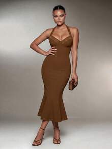 Nuvra Plus Size Women Camel Lace Trim Halter Neck Mermaid Dress Cocktail Party Summer Elegant Sexy - Brown - View 4