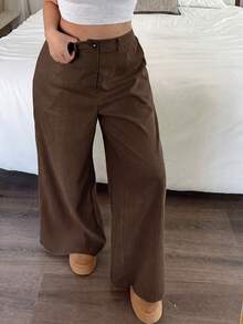 SHEIN PETITE CURVE 大尺碼純色休閒極簡寬鬆舒適長褲 - 咖啡棕 - 查看 3