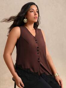 Juhart Plus Size Women's Solid Color V-Neck Sleeveless Blouse, Asymmetrical Hem Lace Trim Design, Elegant Casual Style, Suitable For Spring/Summer Vacation Outfits - Brown - View 6