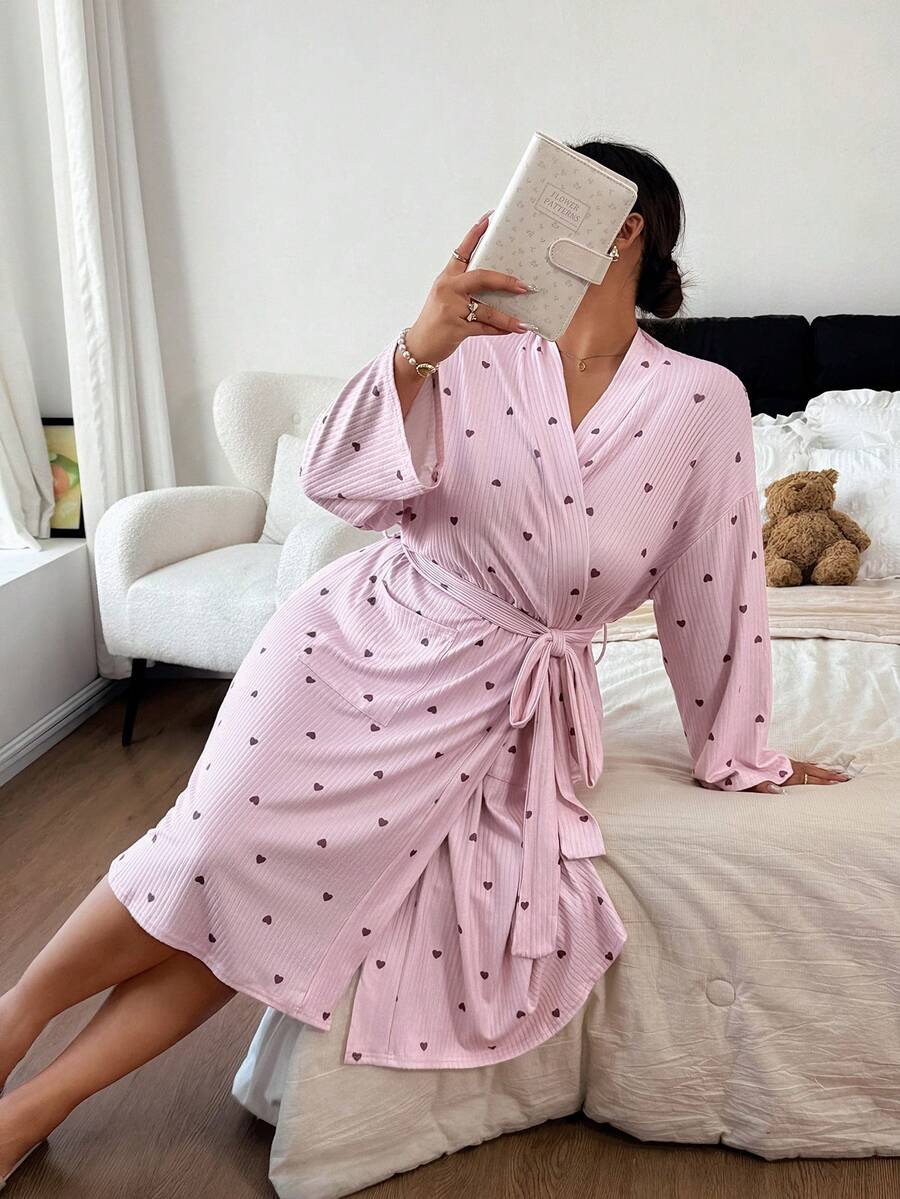 Napfluff CURVE Napfluff CURVE Heart Pattern Casual Plus Size Women's Robe Loungewear - Pink - View 1